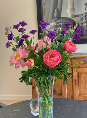 
                  
                    Load image into Gallery viewer, Double Blue Lisianthus with Coral Sunset Peonies
                  
                